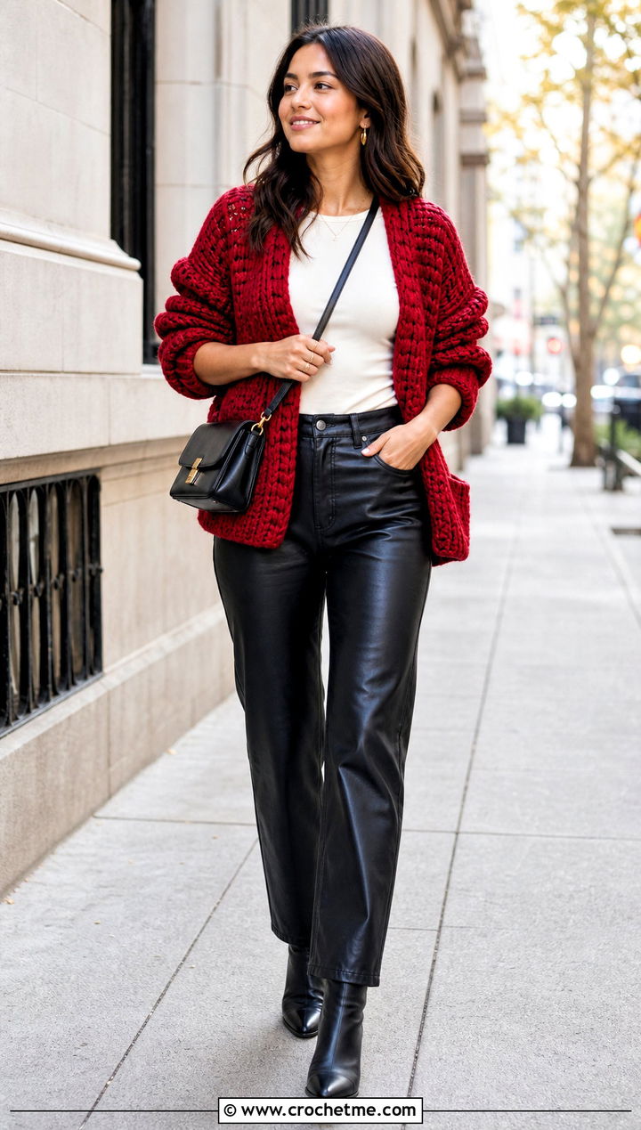 Oversized Crochet Cardigan With Leather Pants - 30 unique crochet clothes and outfit ideas