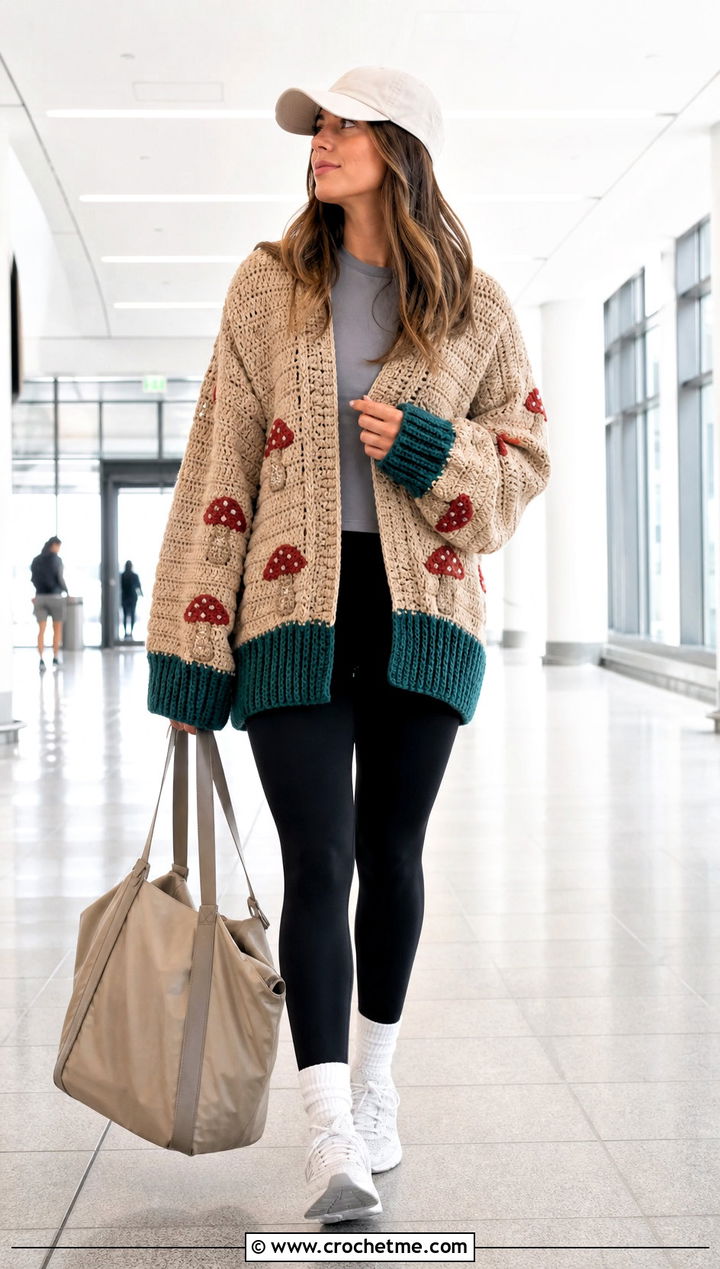 Oversized Crochet Cardigan With Leggings - 15 neutral tone crochet cardigan outfit ideas