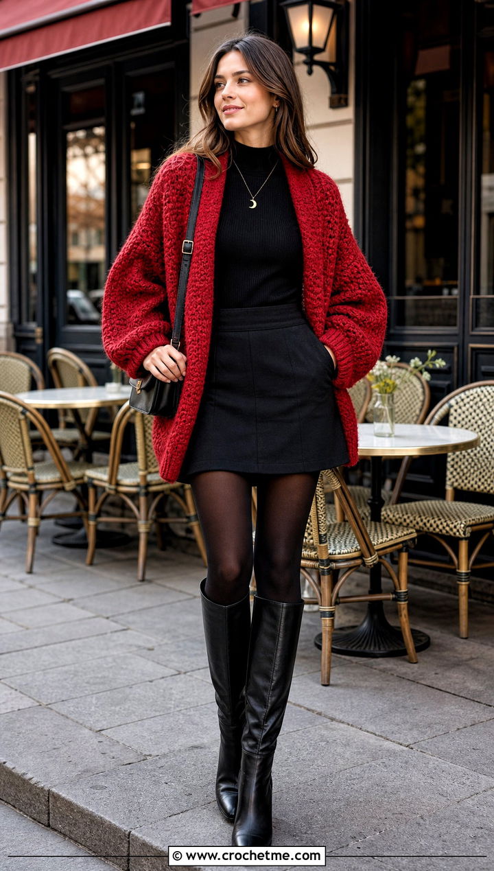 Oversized Crochet Cardigan With Mini Skirt - 25 witchy crochet cardigan outfit ideas