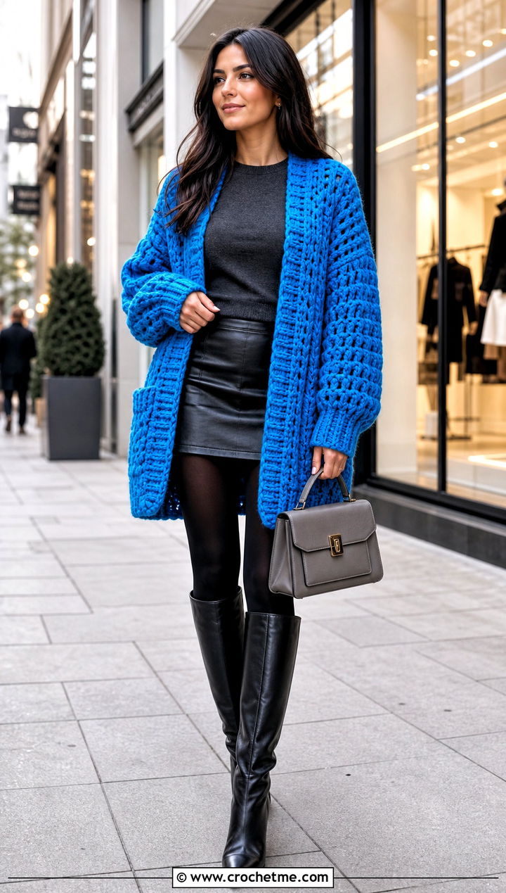 Oversized Crochet Cardigan With Mini Skirt - 25 long crochet sweater outfit ideas