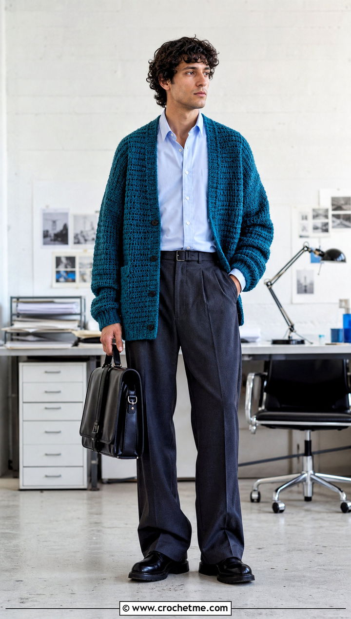 Oversized Crochet Cardigan With Office Trousers - 35 mens crochet cardigan outfit ideas