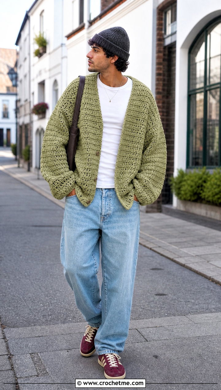 Oversized Crochet Cardigan With Relaxed Denim - 30 crochet man cardigan outfit ideas