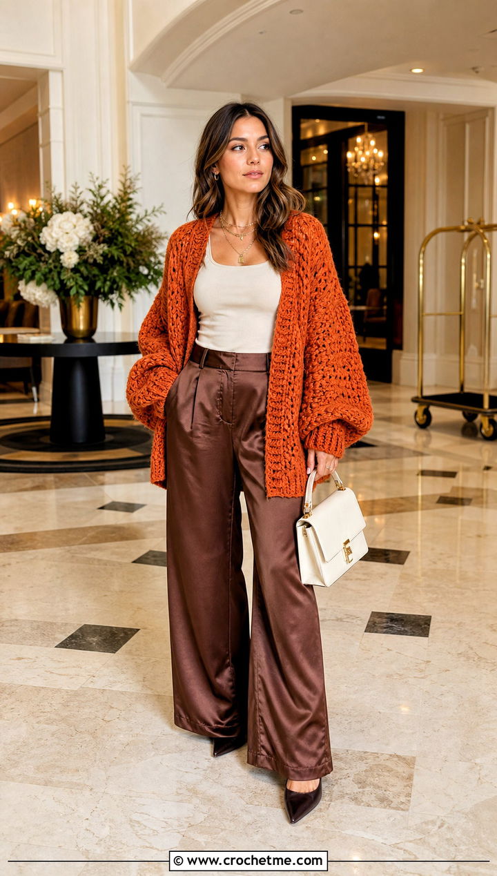 Oversized Crochet Cardigan With Satin Wide Leg Pants - 25 elegant crochet cardigan outfit ideas