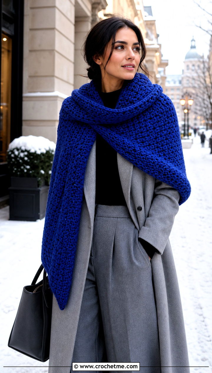 Oversized Crochet Cashmere Wrap Scarf With Wool Coat - 25 crochet cashmere scarf outfit ideas