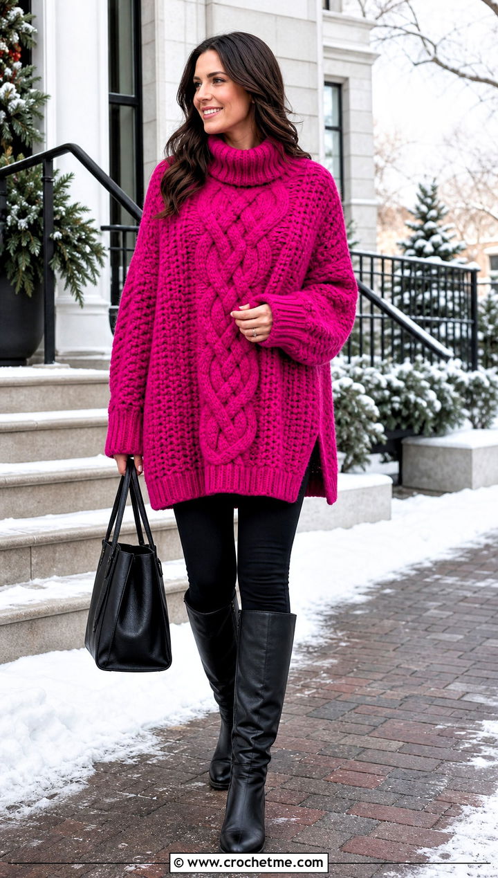 Oversized Crochet Celtic Sweater With Leggings And Tall Boots - 15 Crochet Celtic Sweater outfit ideas
