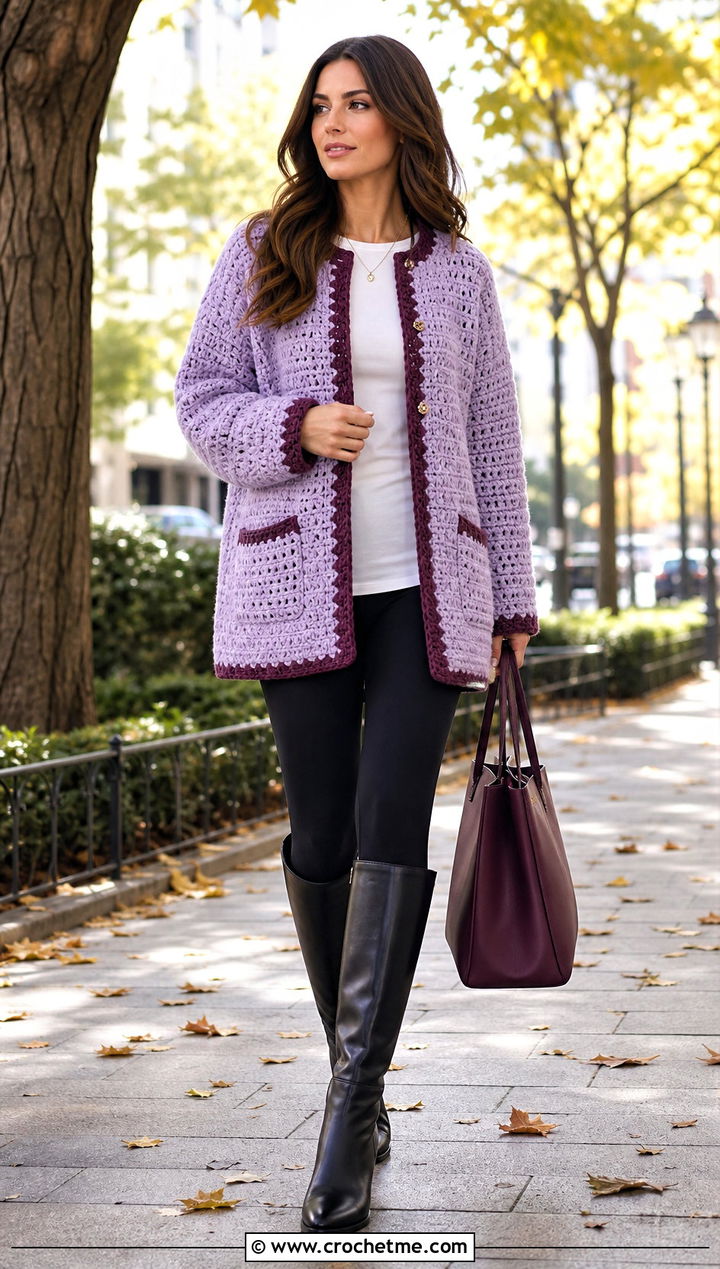Oversized Crochet Chanel Jacket With Leggings - 30 crochet chanel jacket outfit ideas