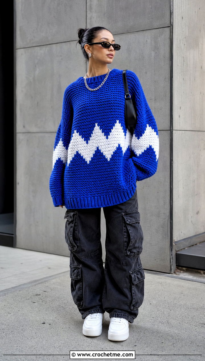 Oversized Crochet Charlie Brown Sweater With Cargo Pants - 15 Crochet Charlie Brown Sweater outfit ideas