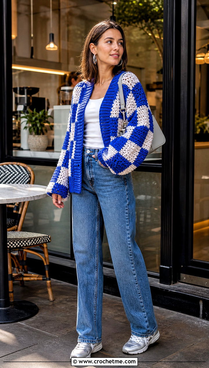 Oversized Crochet Checker Sweater With Straight Leg Jeans - 25 Crochet Checker Sweater outfit ideas