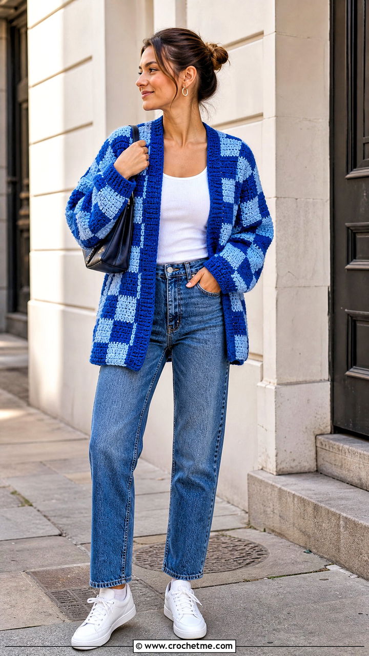 Oversized Crochet Checkered Cardigan With Straight Leg Jeans - 35 crochet checkered cardigan outfit ideas