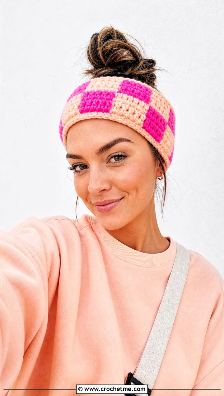 Oversized Crochet Checkered Headband With Sweatshirt And Biker Shorts - 25 crochet checkered headband outfit ideas