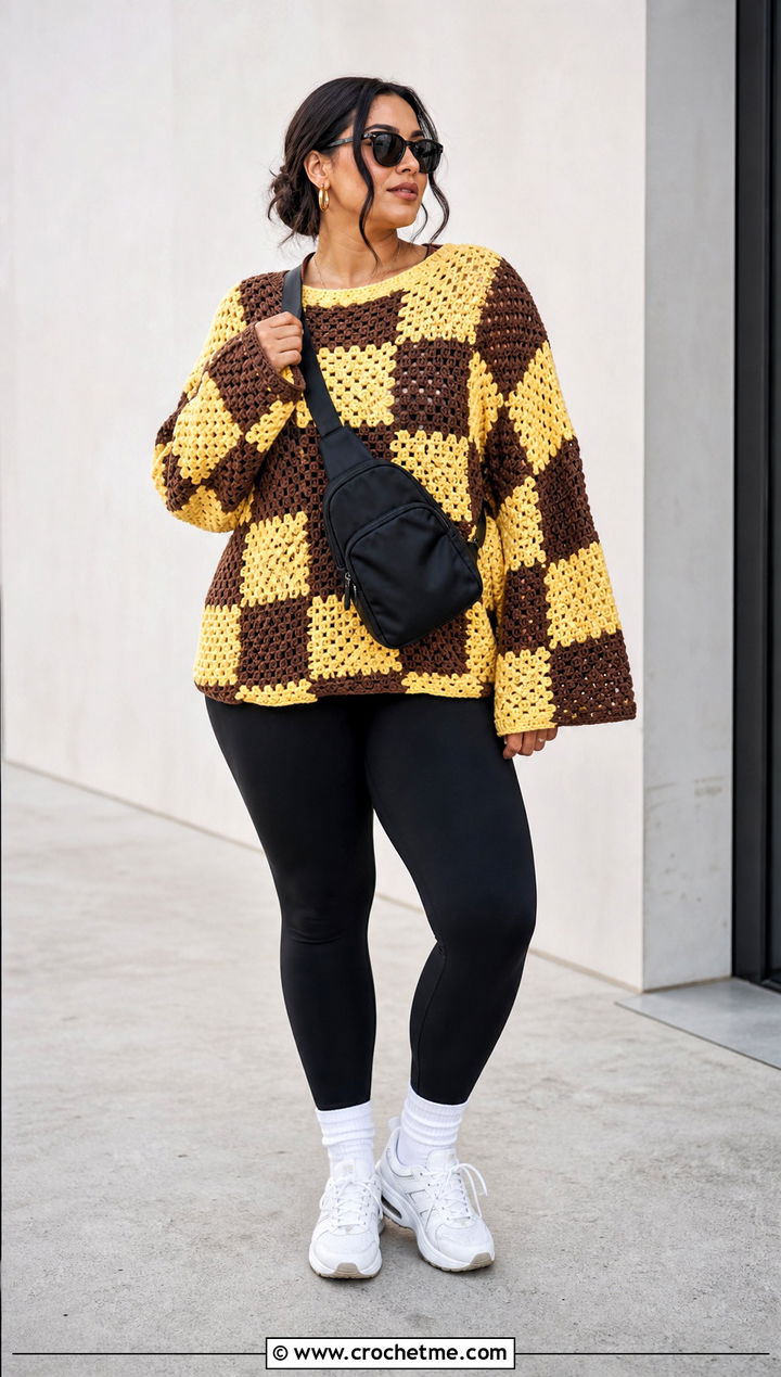 Oversized Crochet Checkered Sweater With Black Leggings - 30 crochet checkered sweater outfit ideas