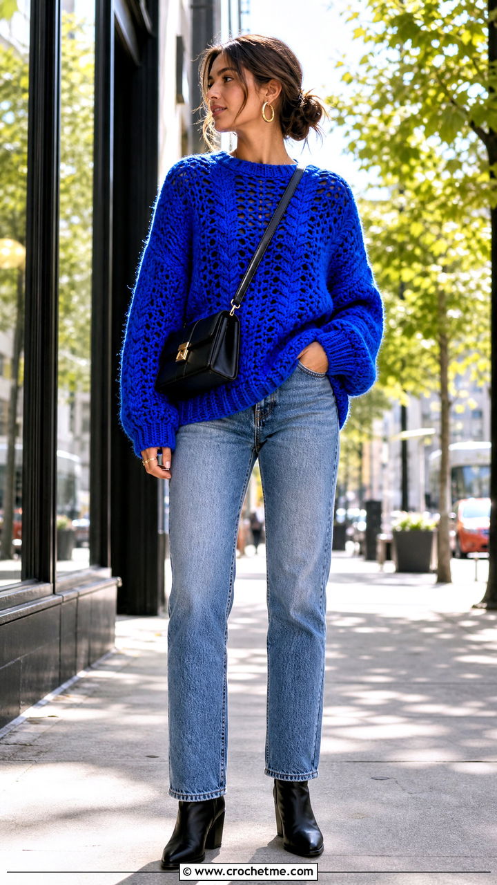 Oversized Crochet Chunky Sweater With Straight Leg Jeans - 35 crochet chunky sweater outfit ideas