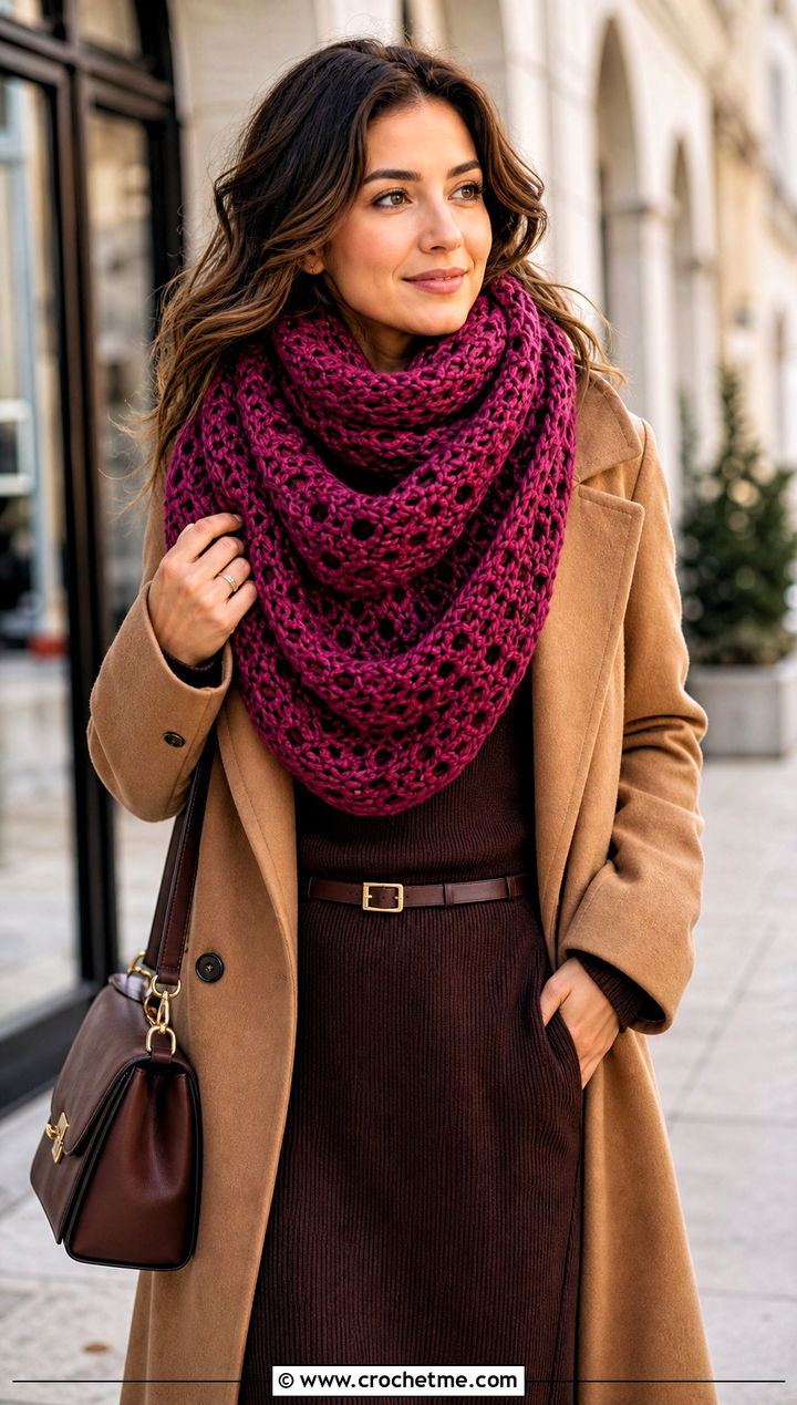 Oversized Crochet Circle Scarf With Sweater Dress - 20 Crochet Loop Scarf outfit ideas