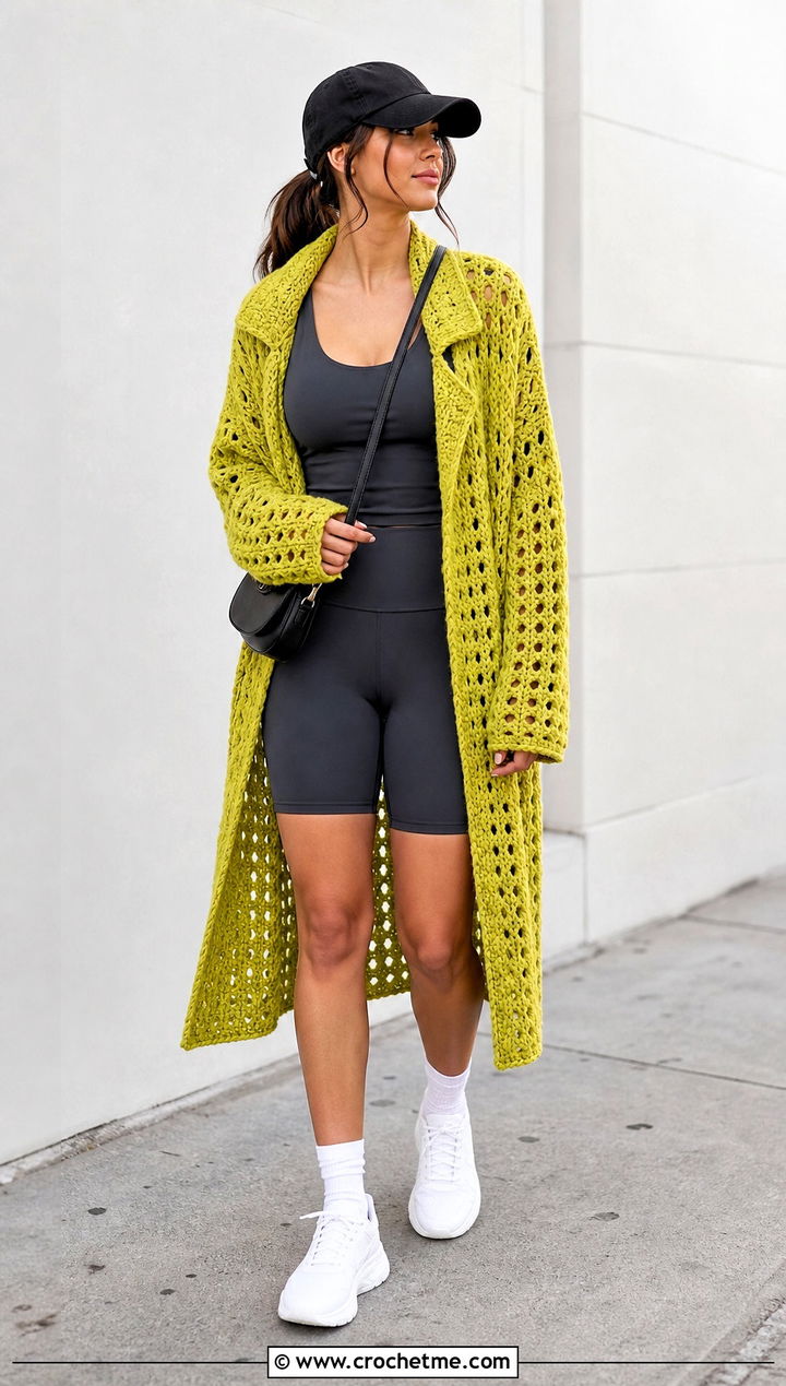 Oversized Crochet Coat With Bike Shorts - 25 crochet coat ideas