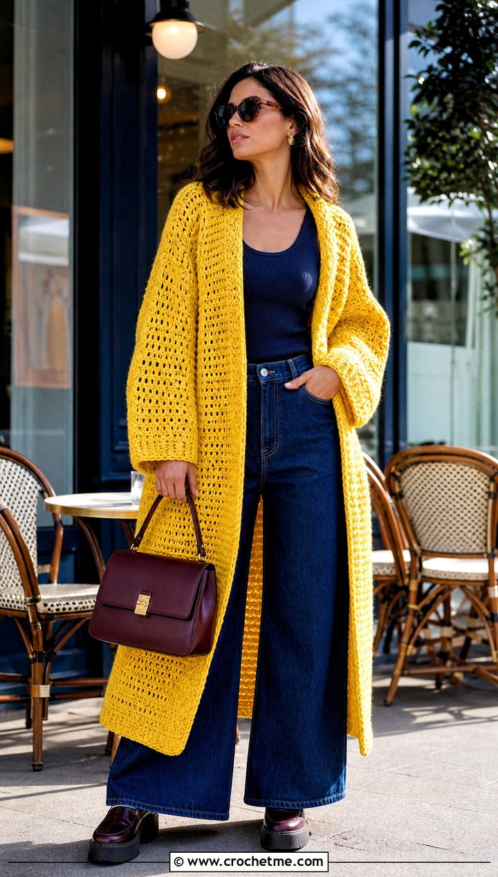 Oversized Crochet Coatigan With Wide Leg Jeans - 25 Crochet Coat For Women outfit ideas
