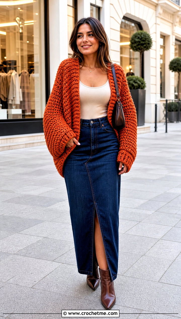 Oversized Crochet Cocoon Shrug With Denim Maxi Skirt - 25 Easy Crochet Cocoon Shrug outfit ideas