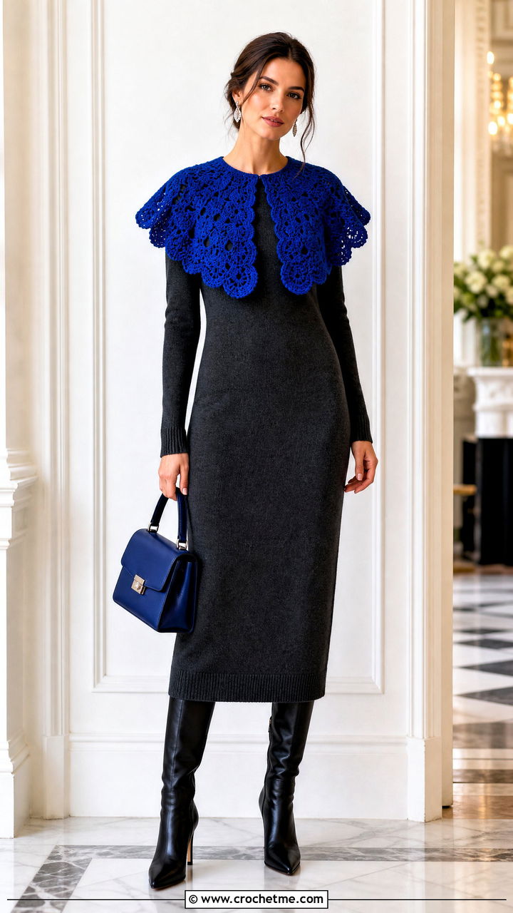 Oversized Crochet Collar With Sweater Dress - 35 crochet collars outfit ideas