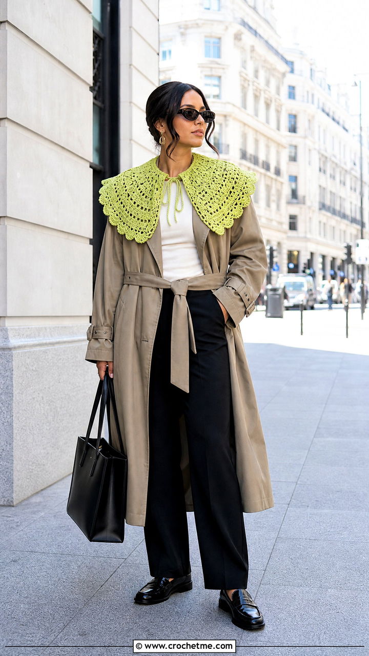 Oversized Crochet Collar With Trench Coat And Loafers - 35 crochet collar outfit ideas
