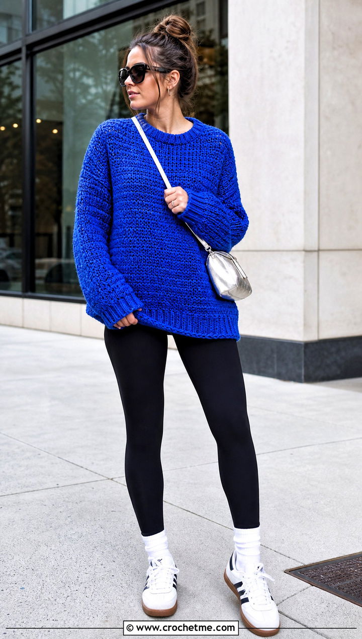 Oversized Crochet Couch Sweater With Black Leggings - 15 Crochet Couch Sweater outfit ideas