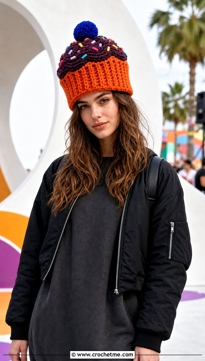 Oversized Crochet Cupcake Hat With Sweatshirt Dress - 30 crochet cupcake hat outfit ideas