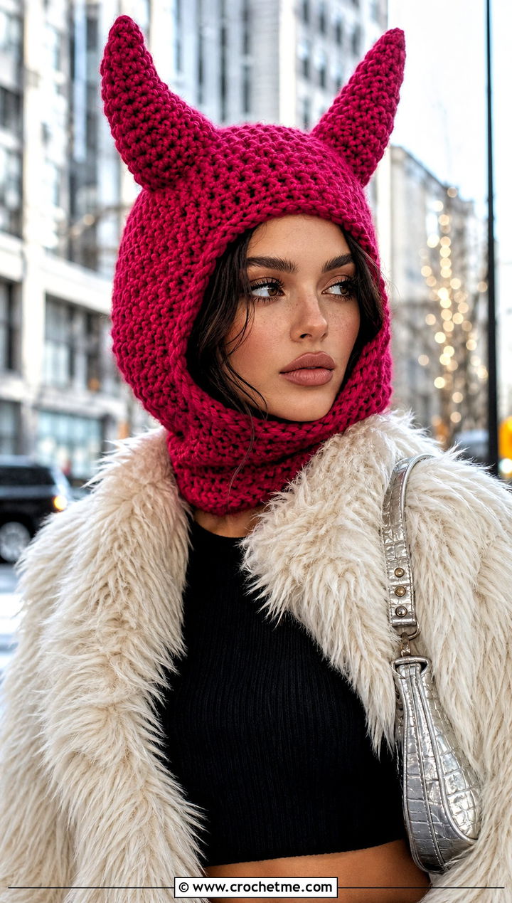 Oversized Crochet Devil Horn Balaclava With Faux Fur Coat - 20 crochet devil horn balaclava outfit ideas