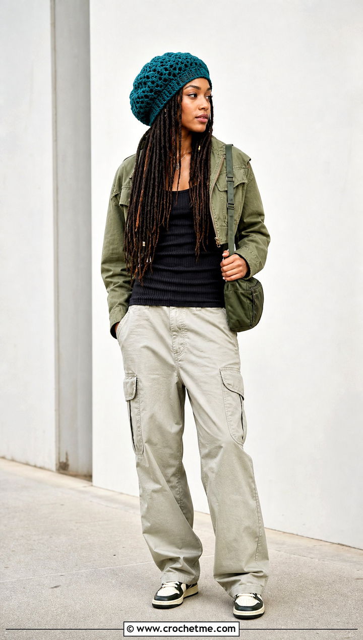 Oversized Crochet Dreadlock Tam With Cargo Pants - 35 crochet rasta hats outfit ideas
