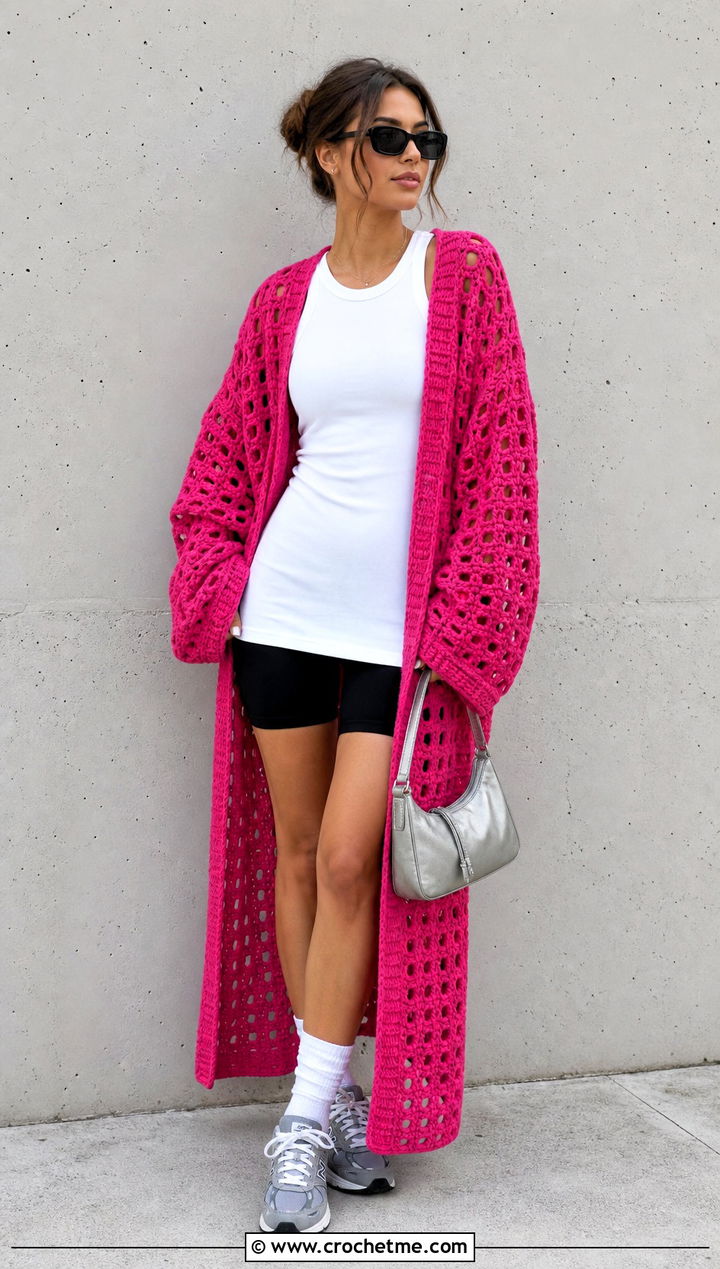 Oversized Crochet Duster With Biker Shorts - 35 crochet long jacket outfit ideas