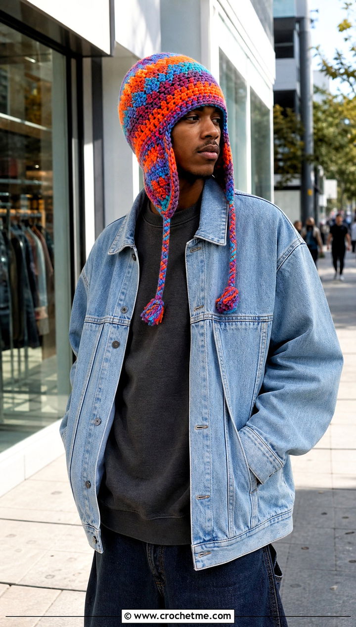 Oversized Crochet Earflap Beanie With Double Denim - 20 Mens Crochet Earflap Hat outfit ideas