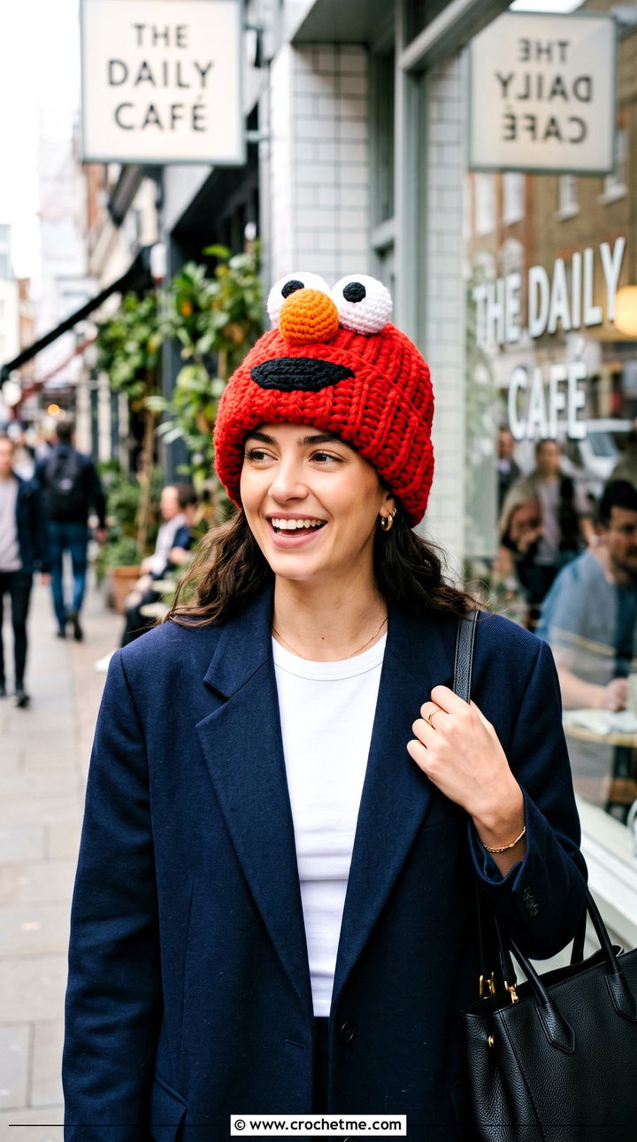 Oversized Crochet Elmo Beanie With Blazer And Jeans - 15 Crochet Elmo Hat outfit ideas