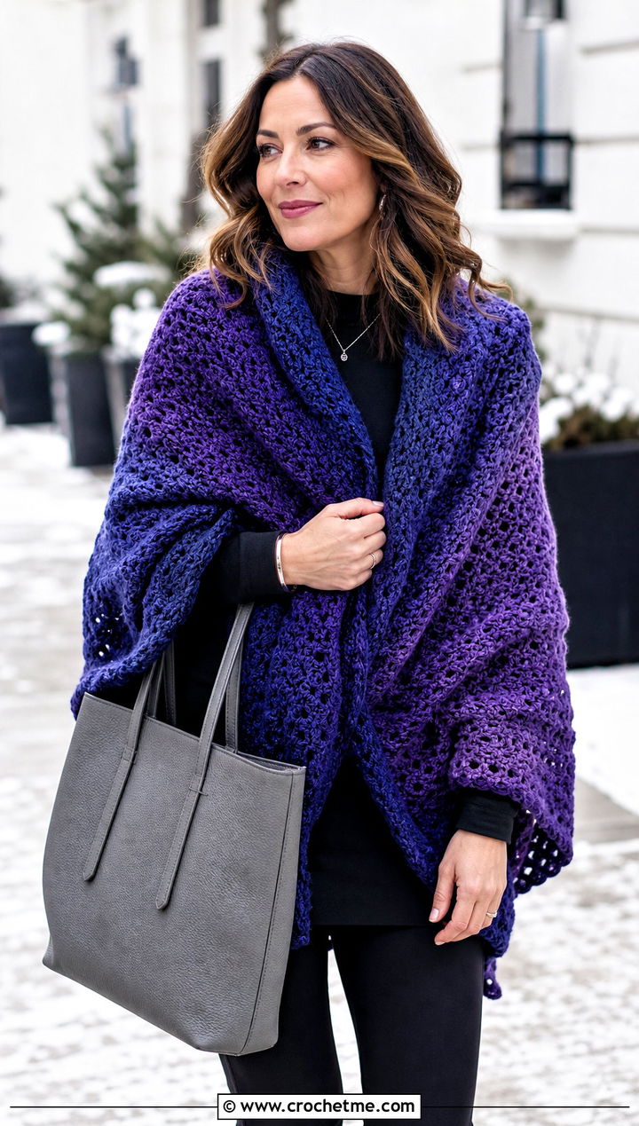 Oversized Crochet Fade Shawl With Leggings And Boots - 15 Crochet Fade Shawl outfit ideas