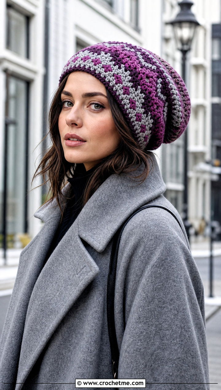 Oversized Crochet Fair Isle Slouch Hat With Maxi Coat - 25 Crochet Fair Isle Hat outfit ideas