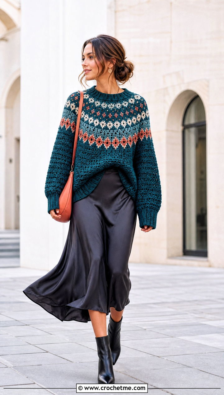 Oversized Crochet Fairisle Sweater With Satin Midi Skirt - 15 Crochet Fairisle Sweater outfit ideas