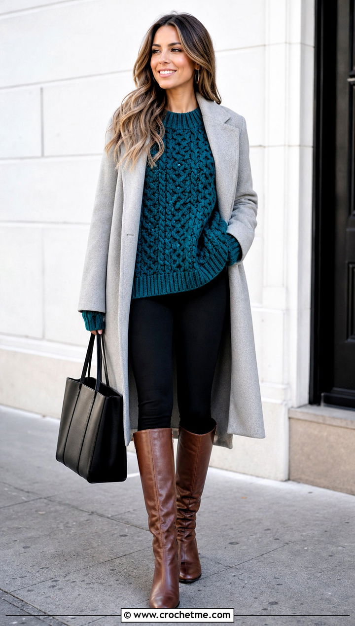Oversized Crochet Fisherman Sweater With Black Leggings - 25 crochet fisherman sweater outfit ideas