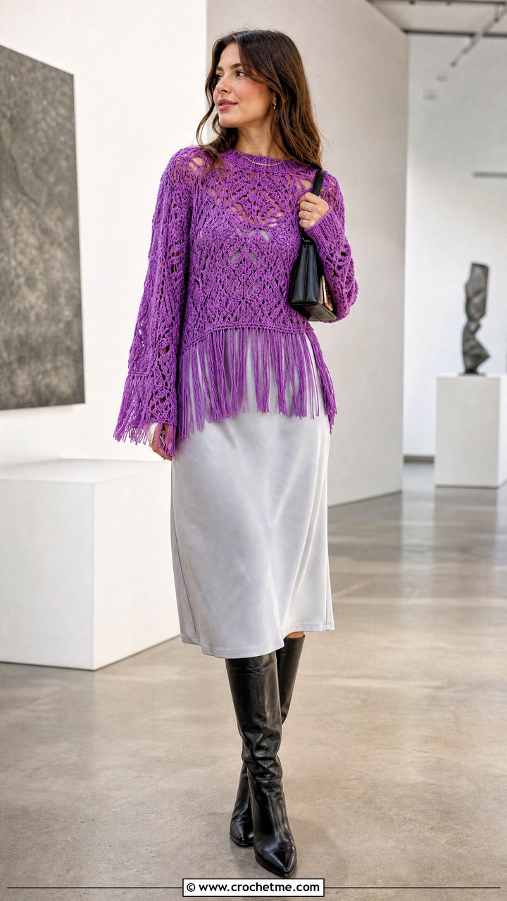 Oversized Crochet Fringe Top Over Slip Dress - 35 Crochet Fringe Top outfit ideas