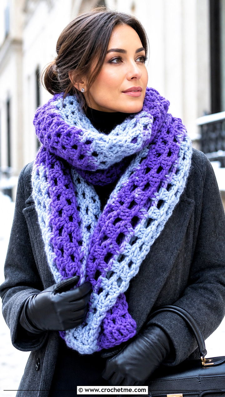 Oversized Crochet Granny Stitch Scarf With Wool Coat - 30 crochet granny stitch scarf outfit ideas