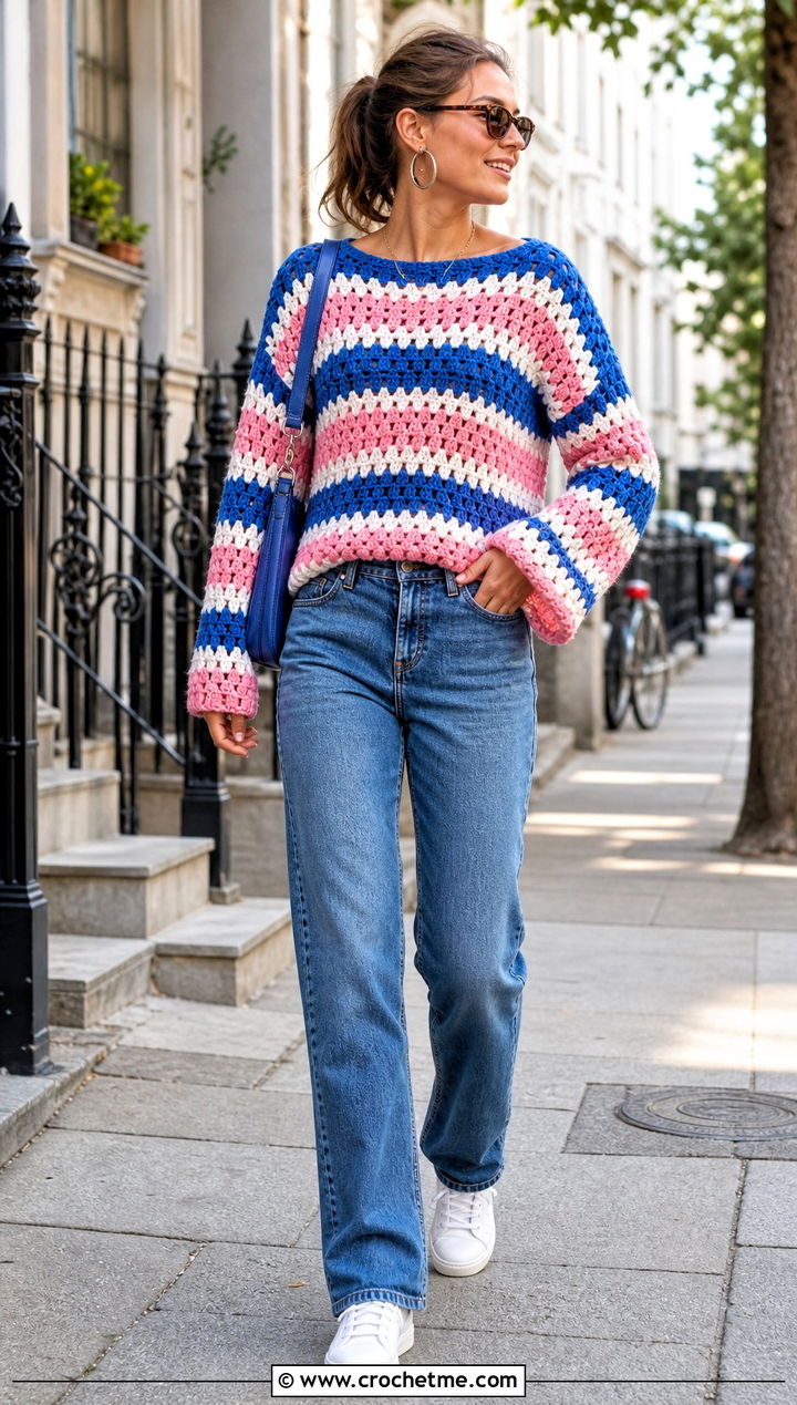 Oversized Crochet Granny Stripe Sweater With Straight Jeans - 25 Crochet Granny Stripe Sweater outfit ideas