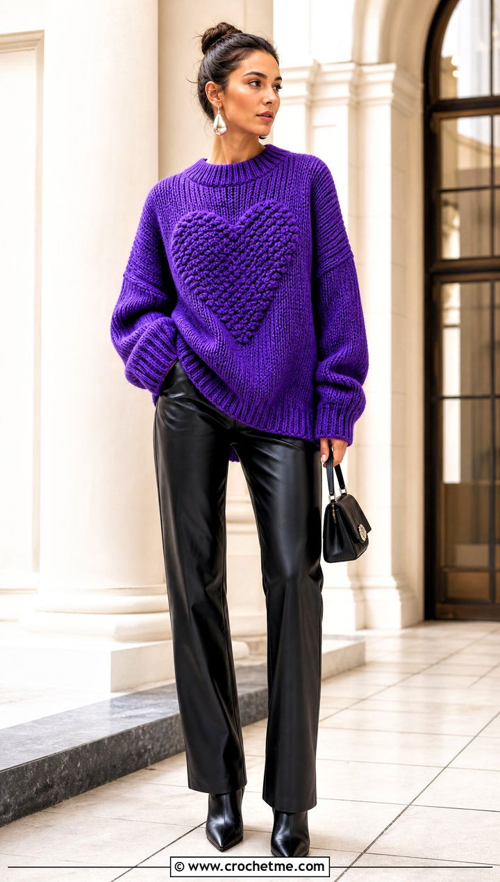 Oversized Crochet Heart Sweater With Leather Pants - 35 crochet heart sweater outfit ideas