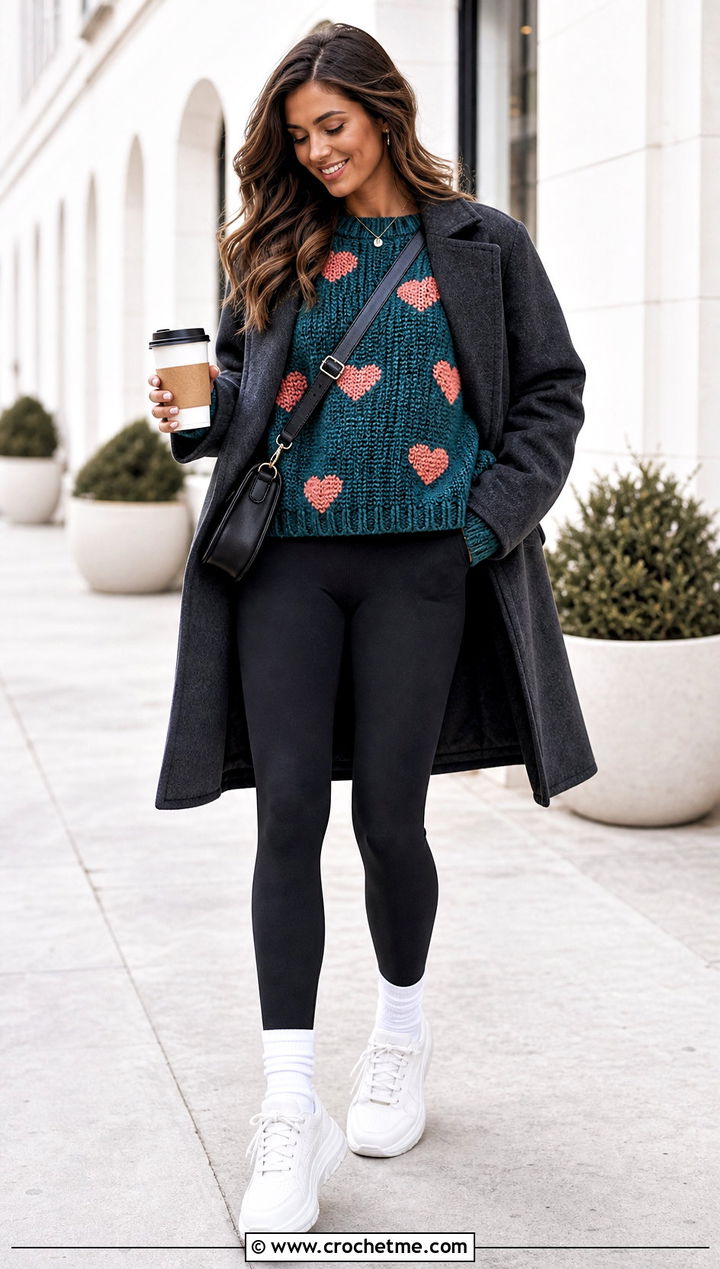 Oversized Crochet Heart Sweater With Leggings - 25 crochet valentine sweater outfit ideas