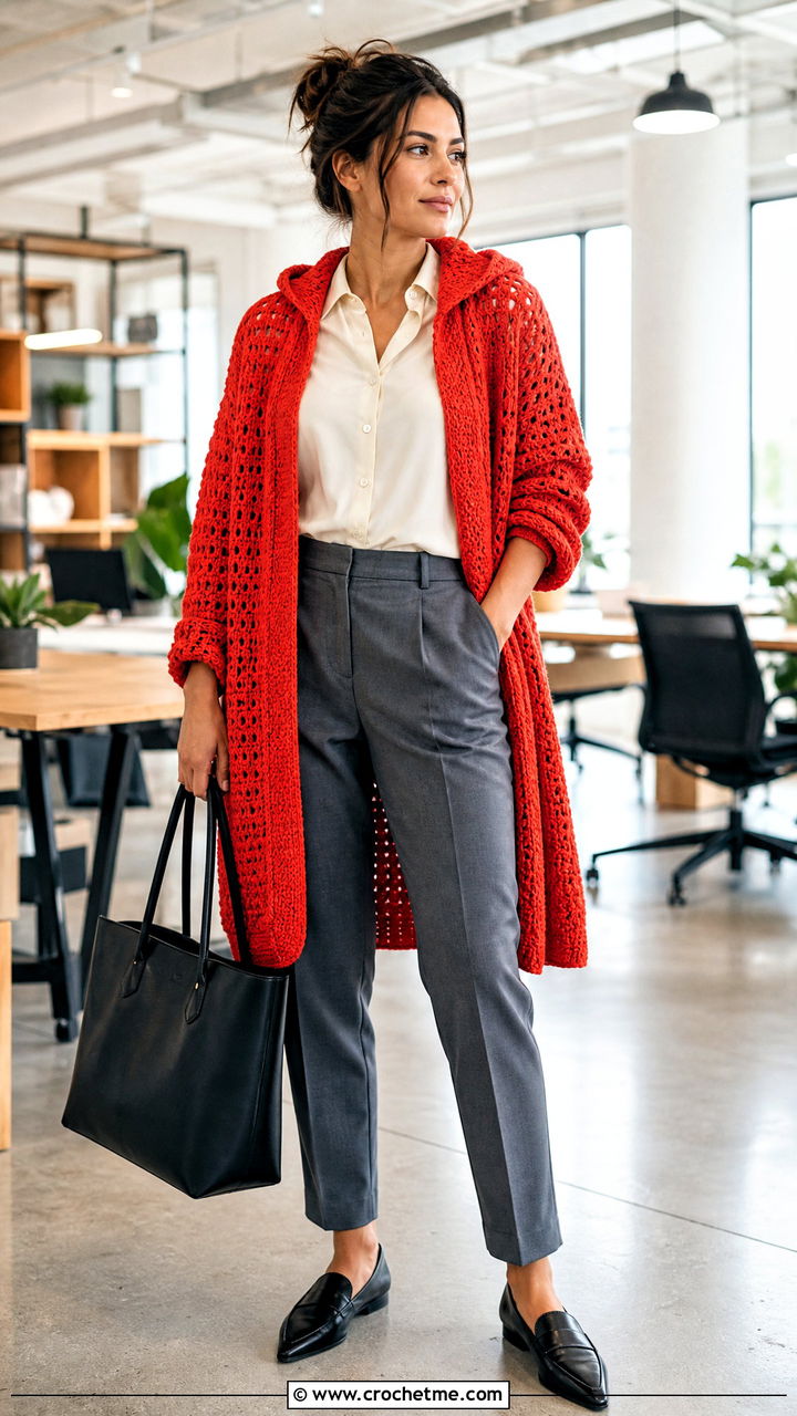 Oversized Crochet Hooded Cardigan With Tailored Suit Pants - 35 crochet hooded cardigan outfit ideas