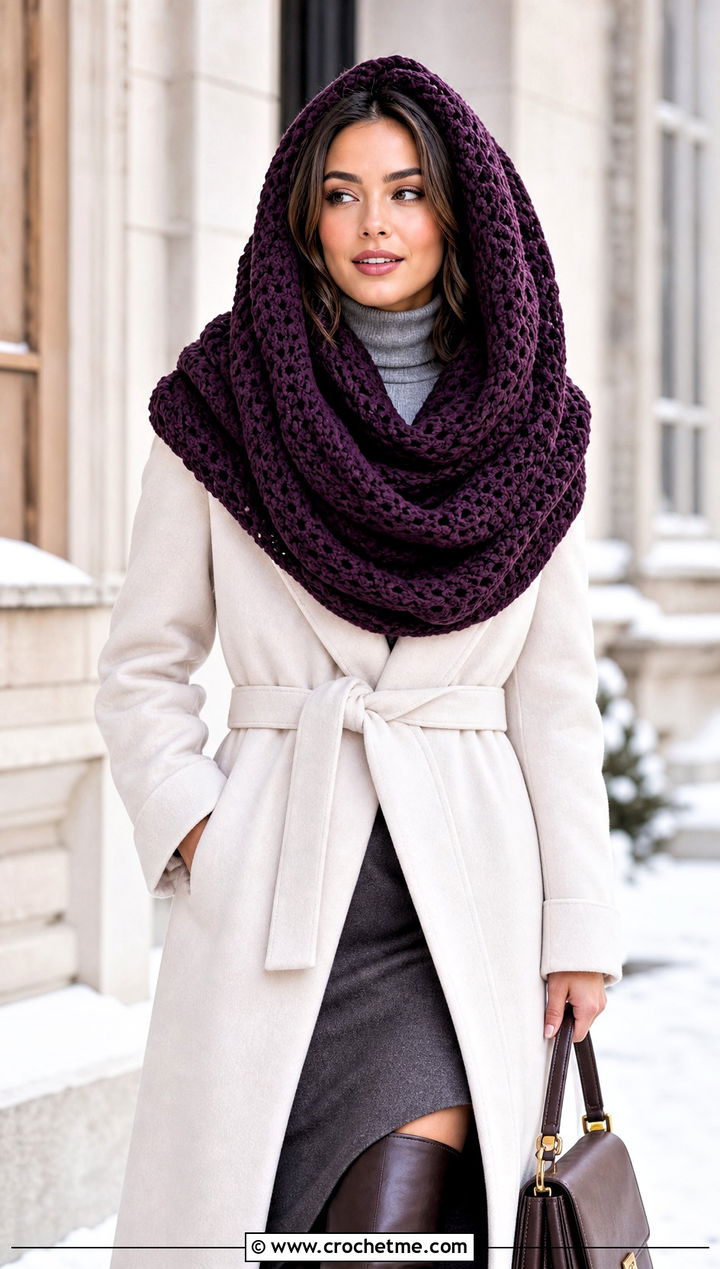 Oversized Crochet Hooded Infinity Shawl With Belted Coat - 15 crochet infinity scarf with hood outfit ideas