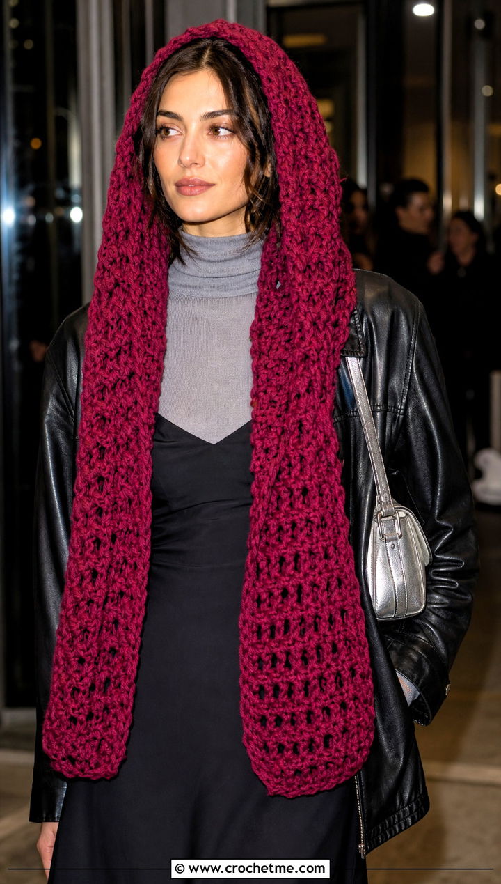 Oversized Crochet Hooded Scarf With Slip Dress Outfit - 30 crochet scarf with hood outfit ideas