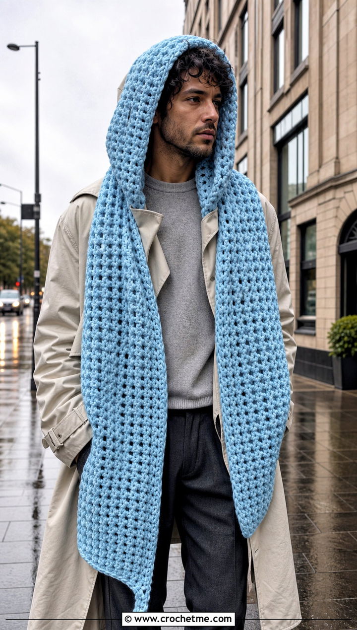 Oversized Crochet Hooded Scarf With Trench Coat - 20 Crochet Hooded Scarf For Men outfit ideas