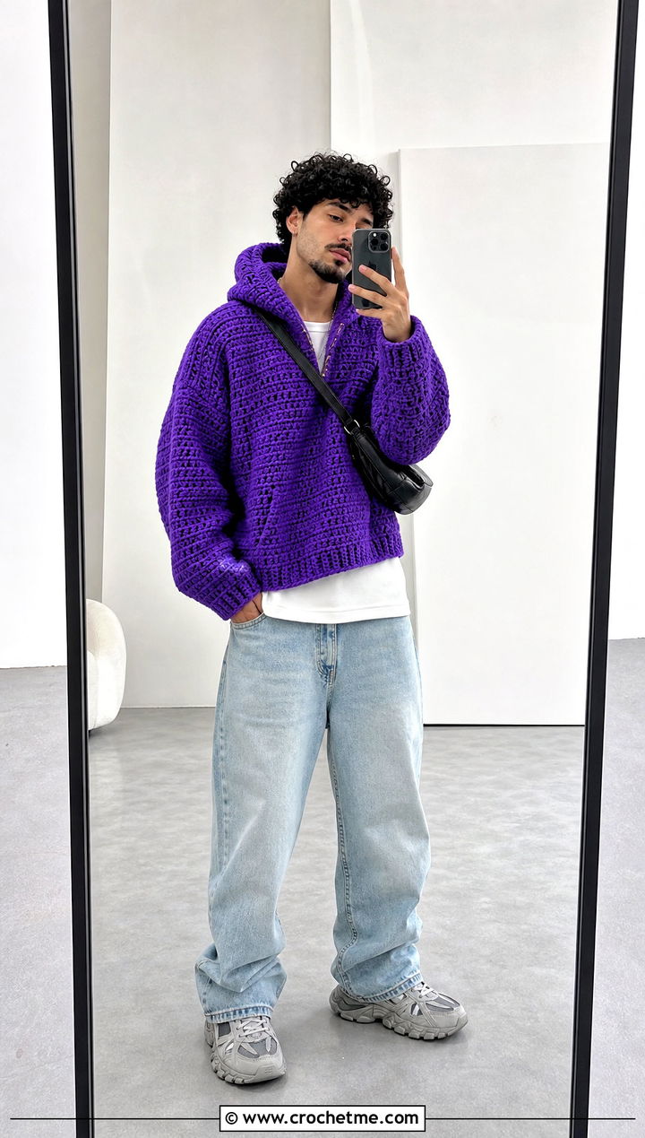 Oversized Crochet Hoodie With Baggy Denim - 30 crochet mens hoodie outfit ideas