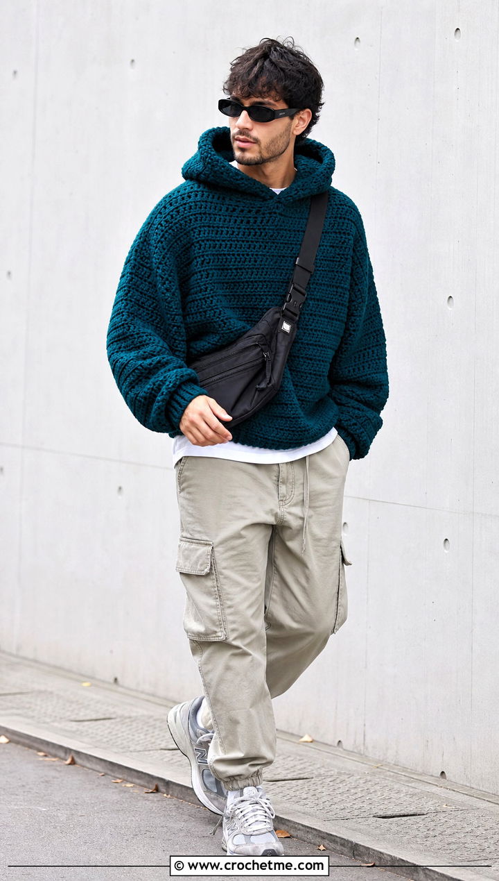Oversized Crochet Hoodie With Cargo Pants - 25 Crochet Hoodie Men outfit ideas