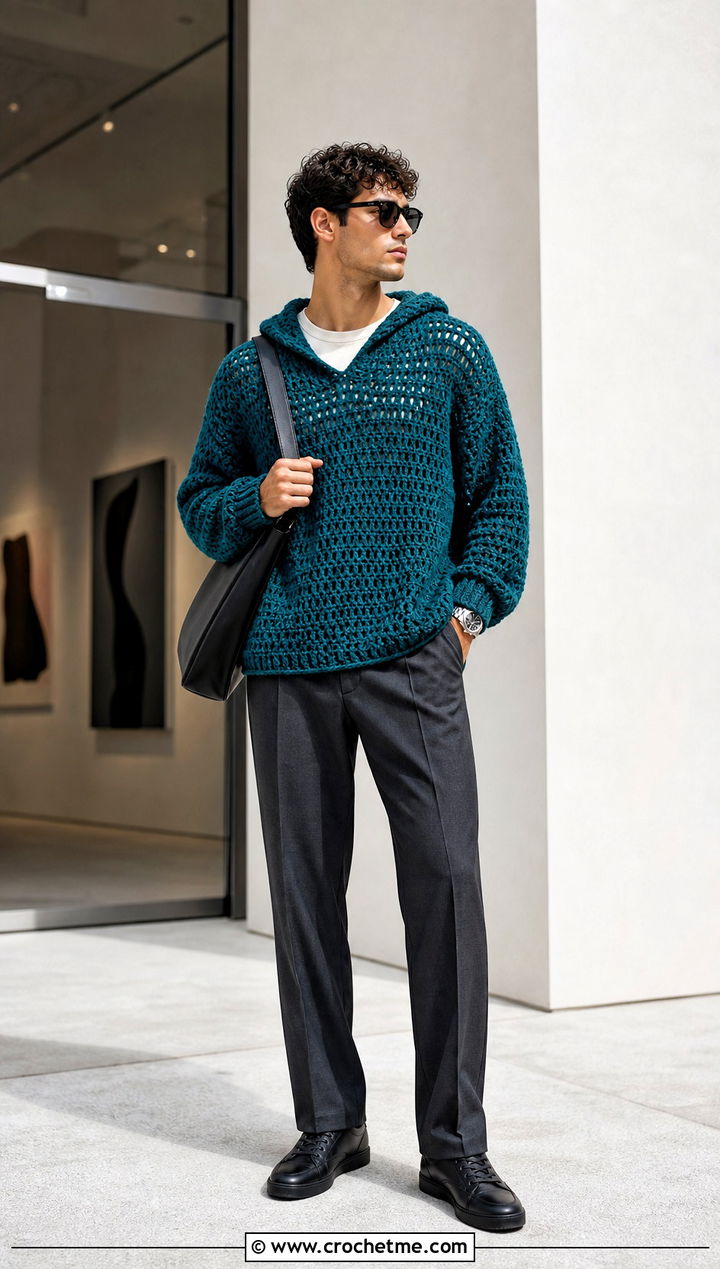 Oversized Crochet Hoodie With Straight Leg Trousers - 35 crochet hoodie for men outfit ideas