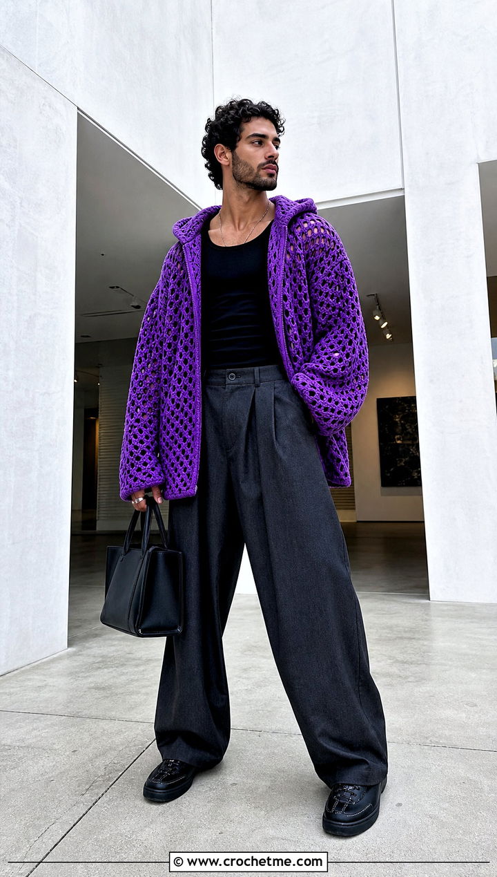 Oversized Crochet Hoodie With Wide Leg Trousers - 30 Crochet Hoodies For Men outfit ideas