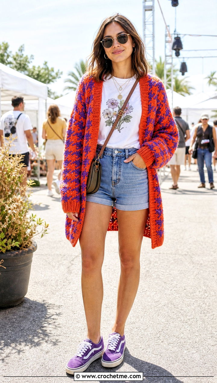 Oversized Crochet Houndstooth Cardigan With Graphic Tee And Denim Shorts - 35 crochet houndstooth sweater outfit ideas