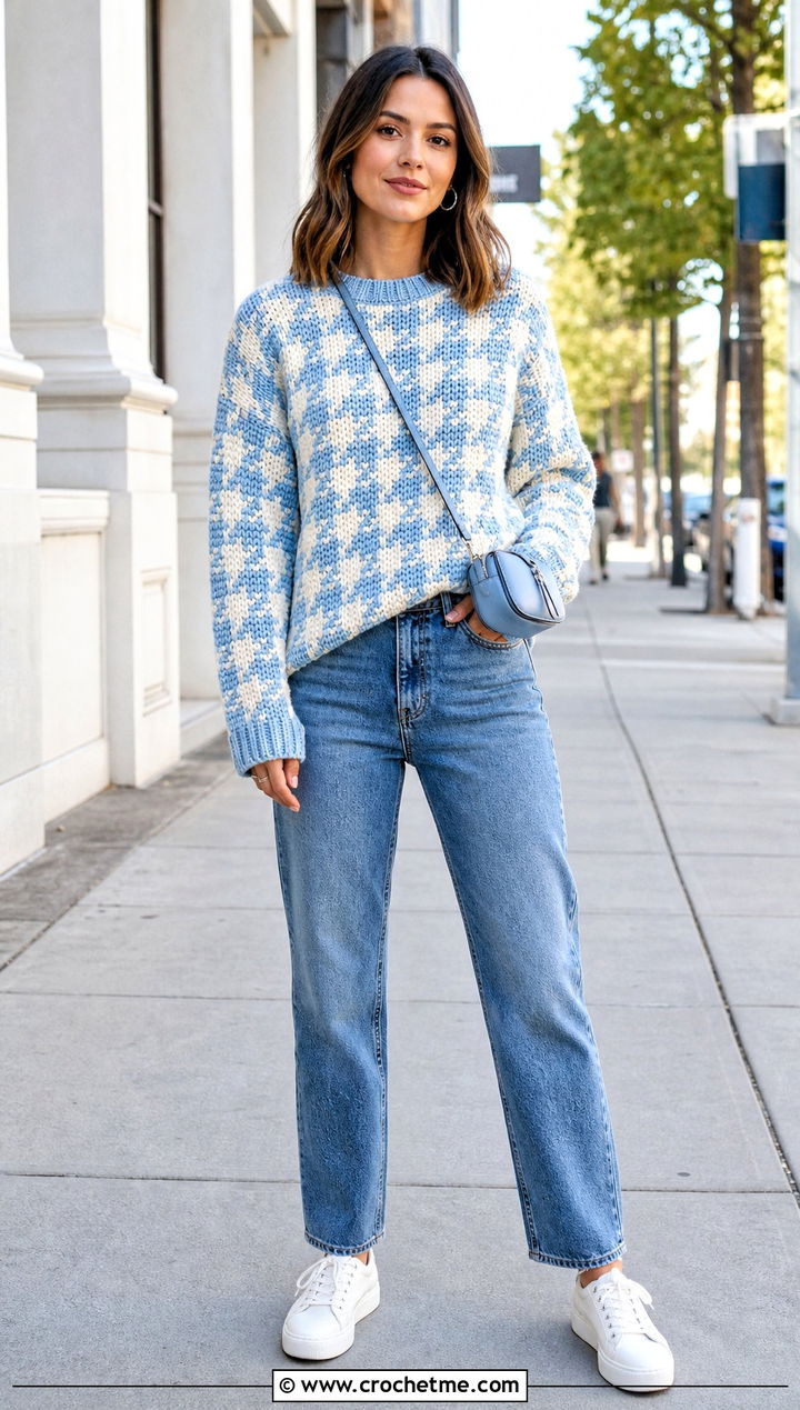 Oversized Crochet Houndstooth Crewneck With Straight Leg Jeans - 35 crochet houndstooth sweater outfit ideas