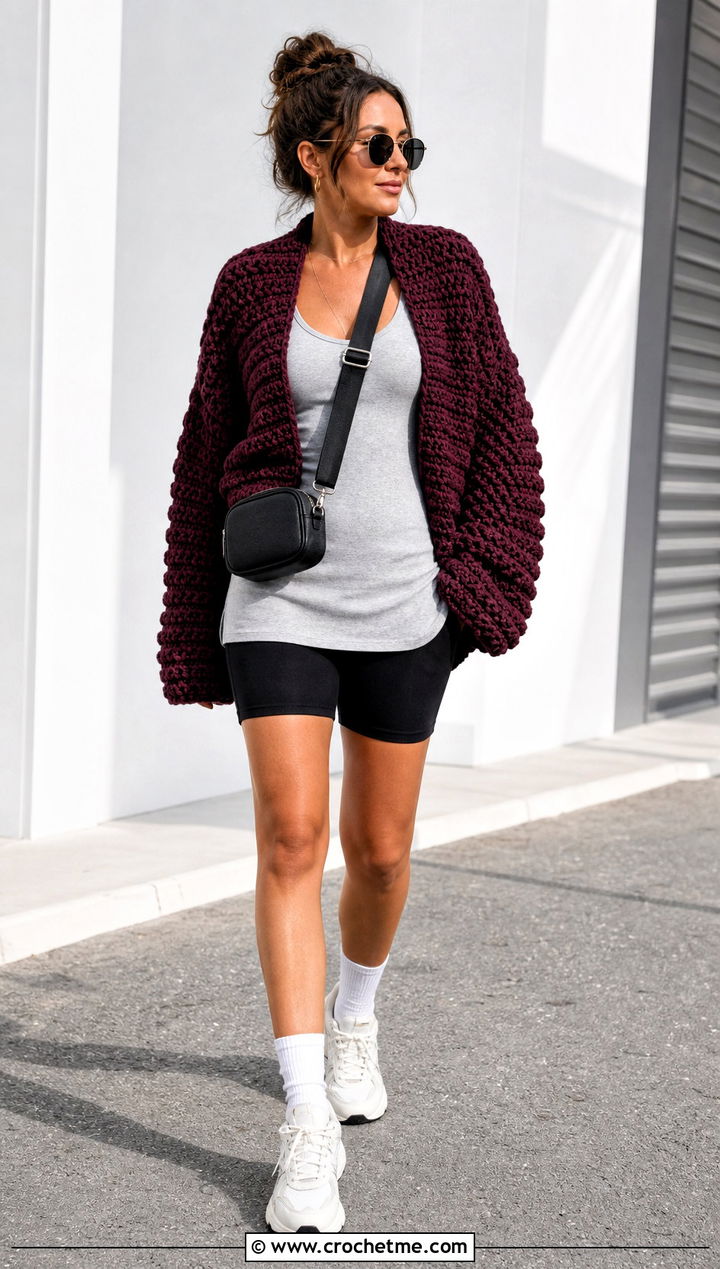 Oversized Crochet Jacket With Bike Shorts - 35 crocheted jacket outfit ideas