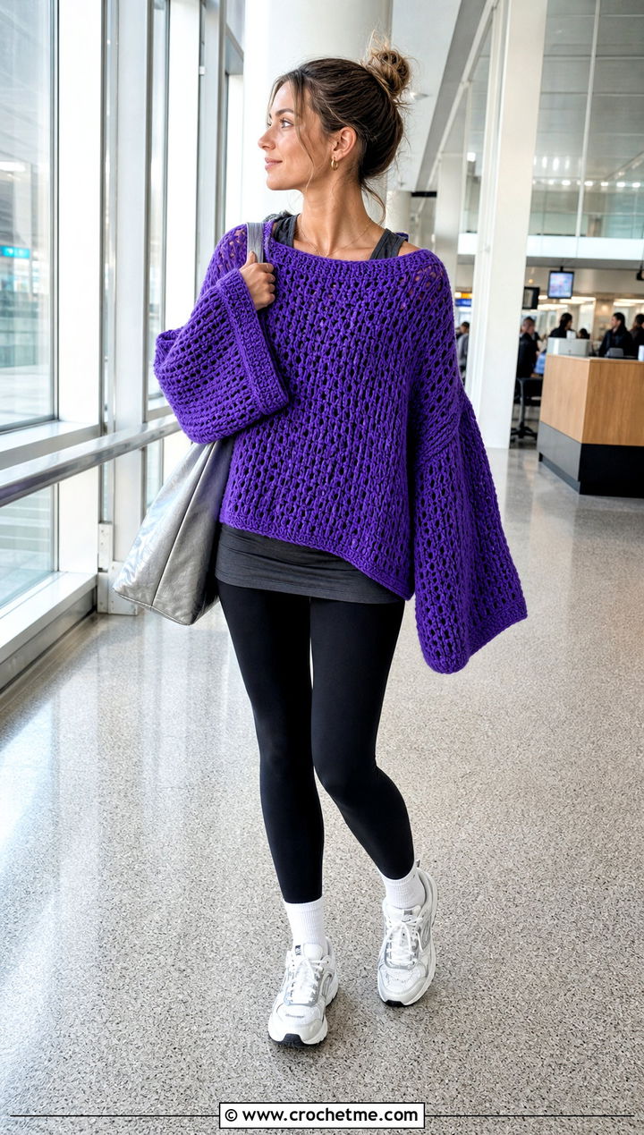 Oversized Crochet Jumper With Black Leggings - 30 simple crochet jumper outfit ideas